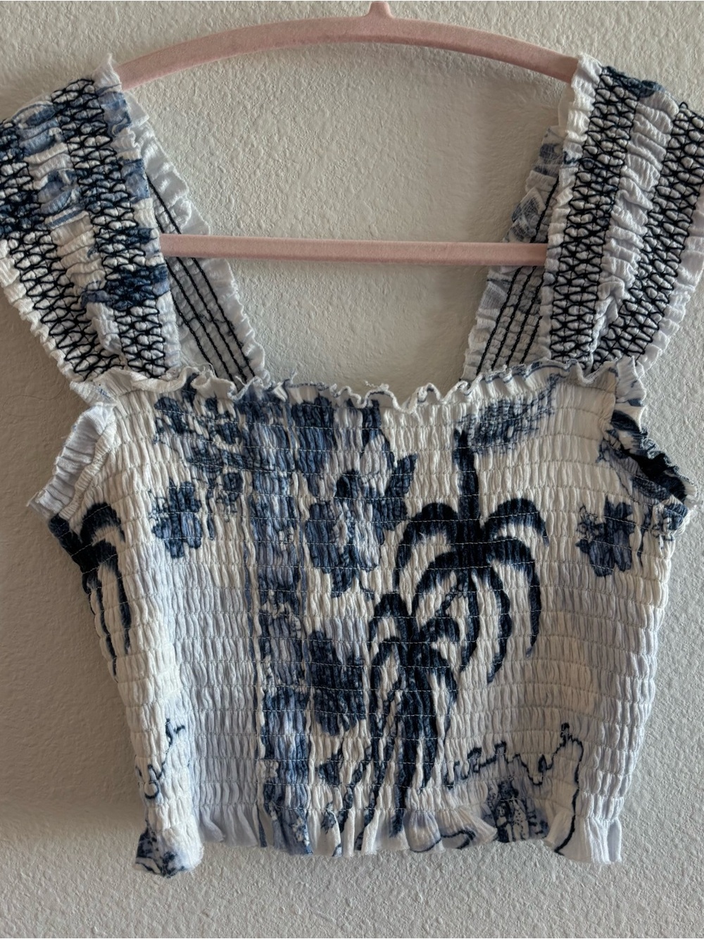 Urban Outfitters Smocked Blue Palm Tree Wide Strap Tank Top Size M